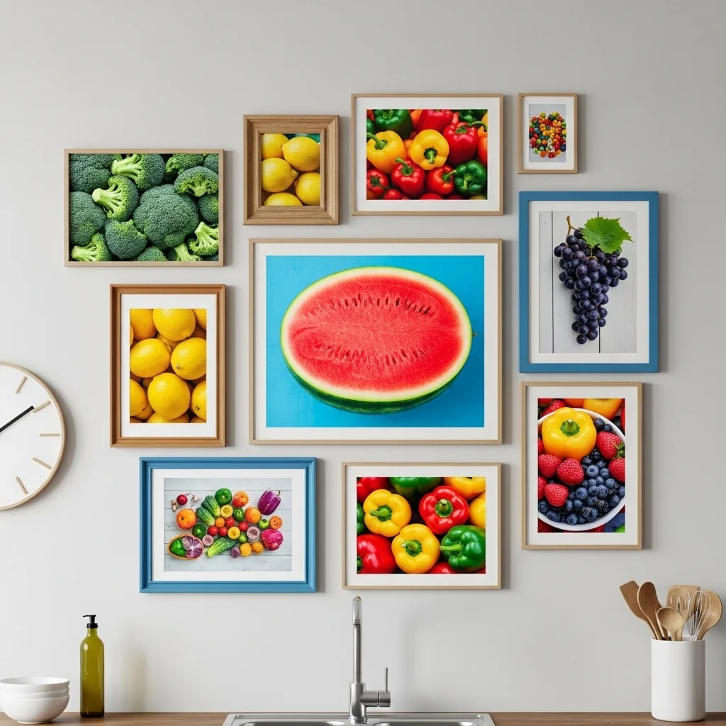 Modern Wall Art for Kitchen featuring minimalist black and white food prints on a clean white wall