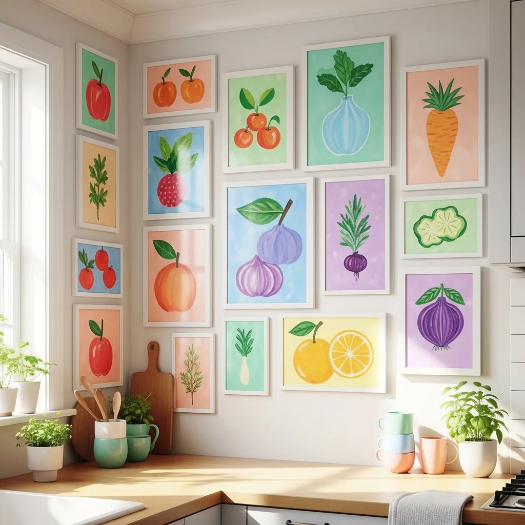 Eclectic gallery style Wall Art for Kitchen with mismatched colorful frames