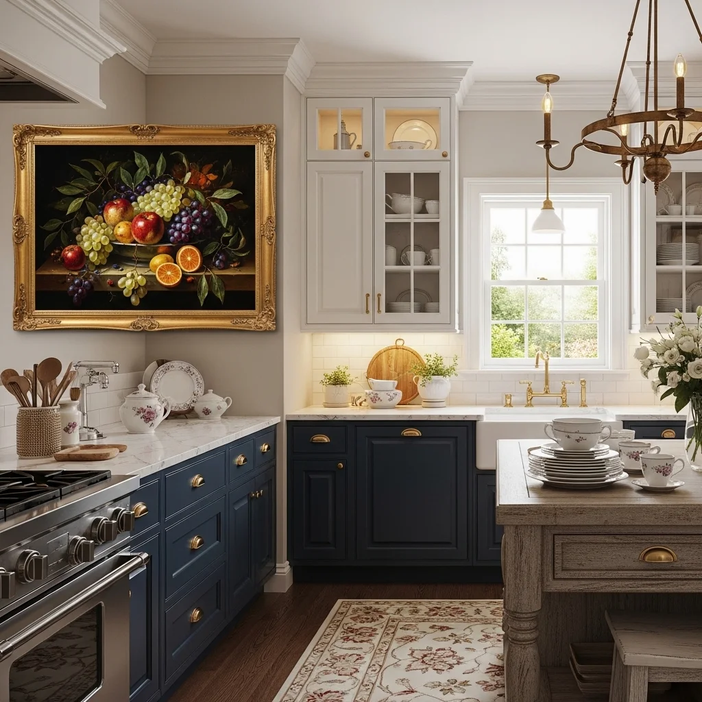 Rustic themed Wall Art for Kitchen featuring vintage fruit illustrations and warm tones