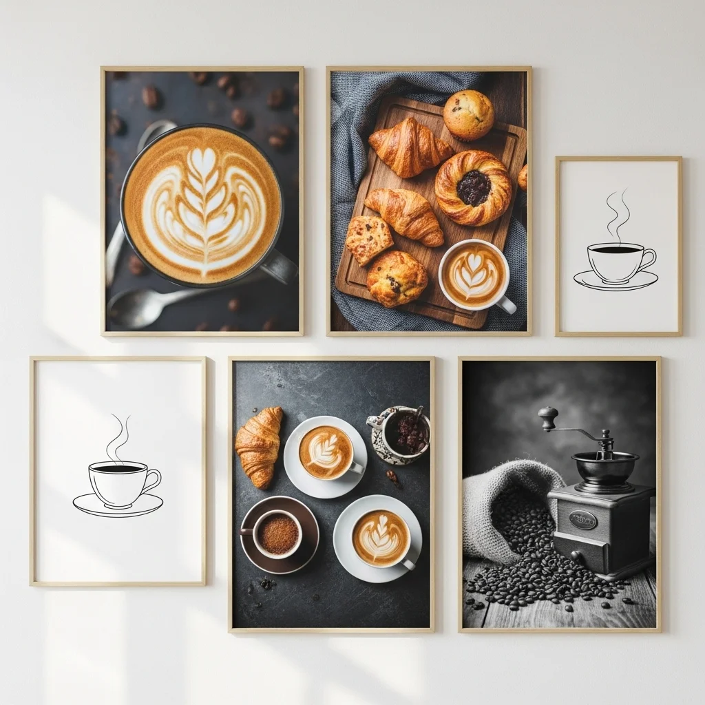Gallery wall arrangement Wall Art for Kitchen with mixed frame sizes and balanced layout