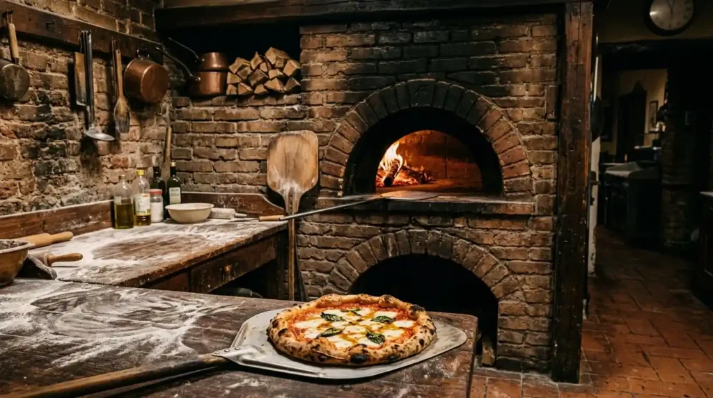 Baked pizza in brick oven