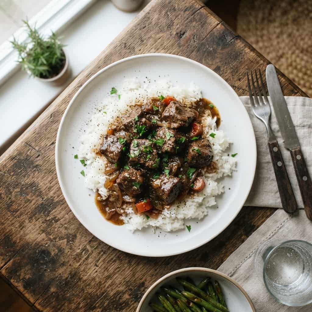 Easy Beef Tips and Rice Recipe (Fork-Tender Gravy)