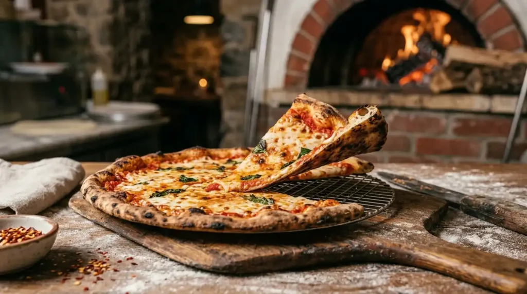 Brick oven pizza close up