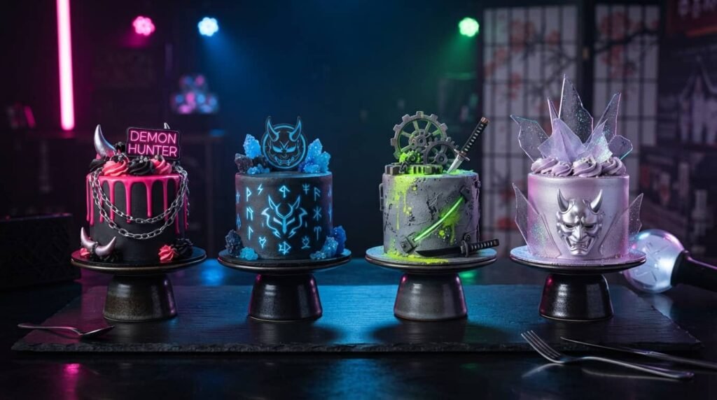 Four Demon Hunter Mini Cakes with Neon Runes and Oni Masks