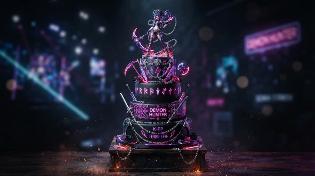 "Multi-Tiered Demon Hunter Themed Birthday Cake with Neon Details"