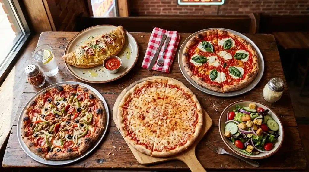 Pizza and salad on table