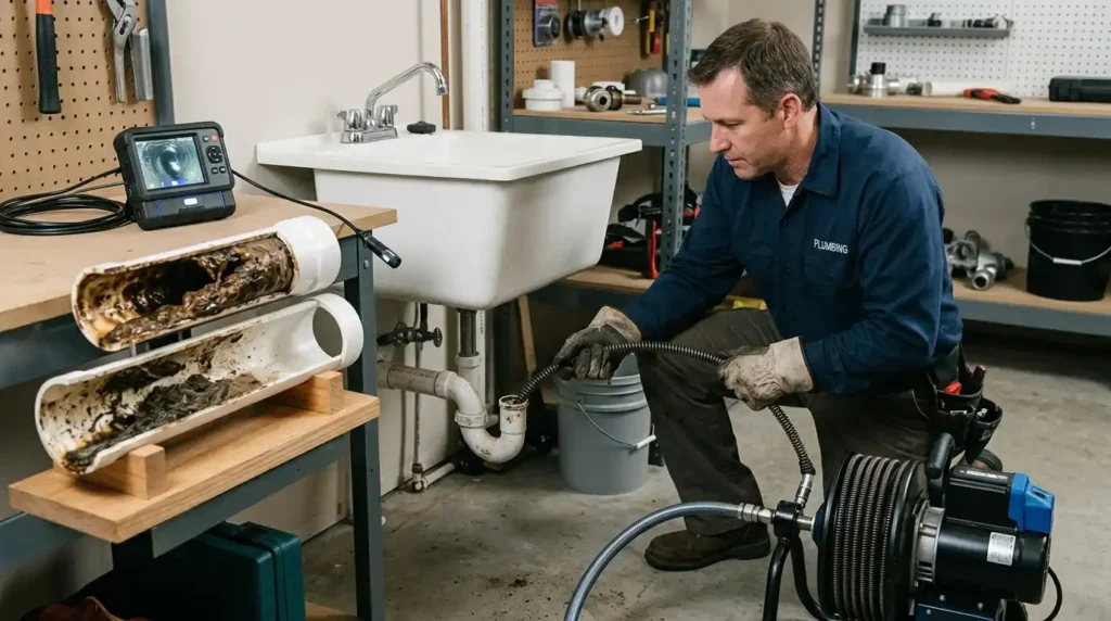 Plumber cleaning drain pipe