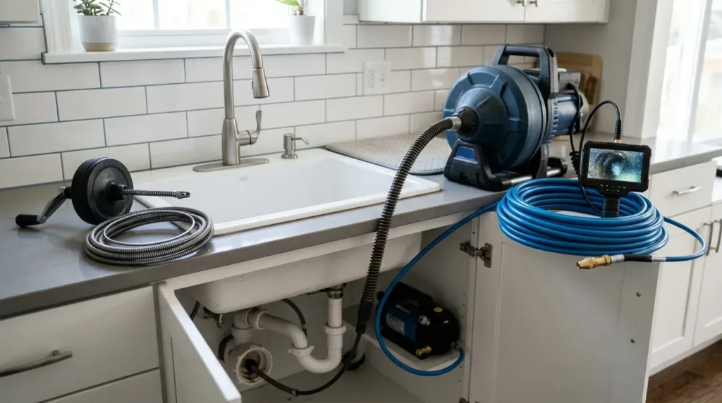 Plumber equipment near kitchen sink