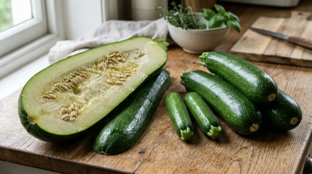 Zucchini comparison on wooden