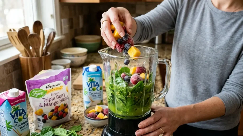 Adding frozen fruit to blender