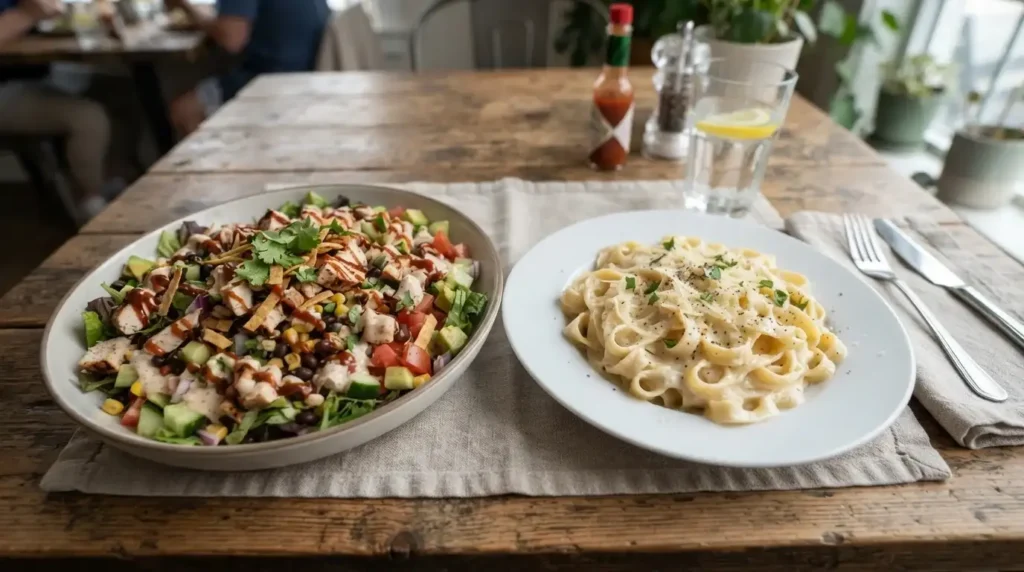 BBQ chicken salad and fettuccine