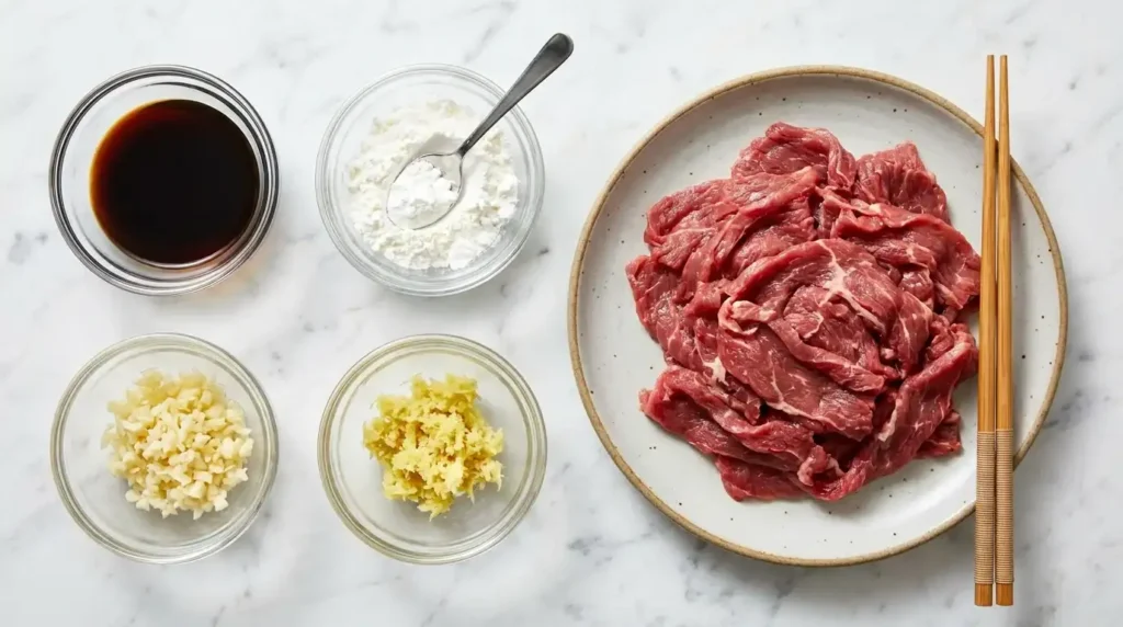 Beef and ingredients on countertop
