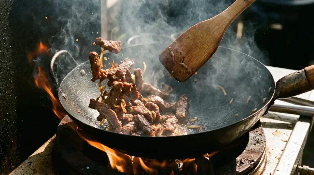 Beef strips searing in wok