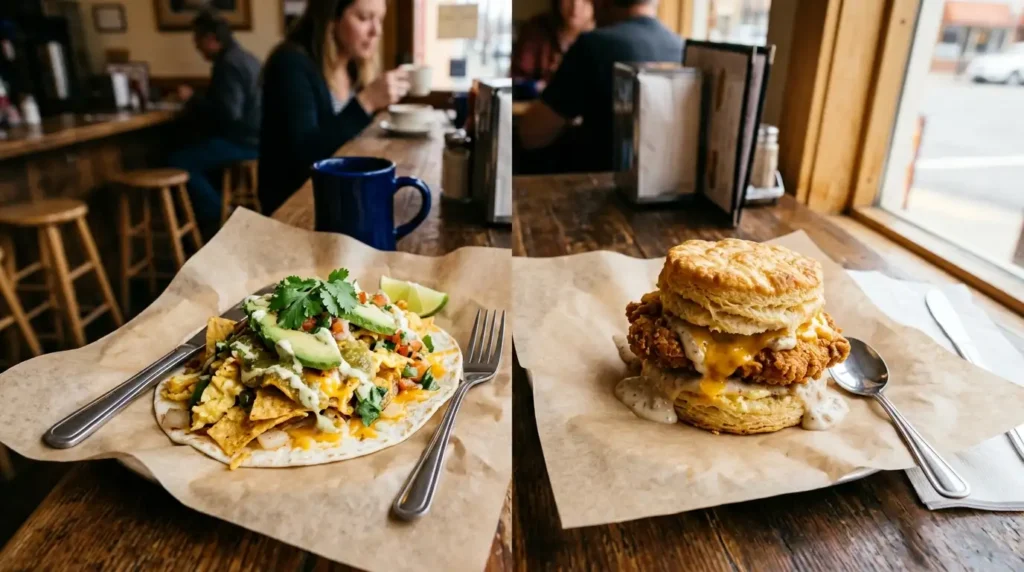 Breakfast taco and chicken biscuit