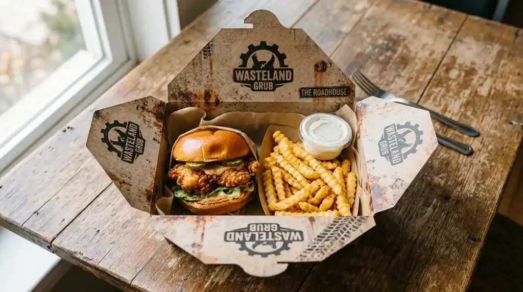Cardboard takeout box with food