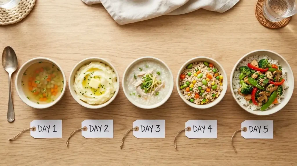 Five bowls with food arranged