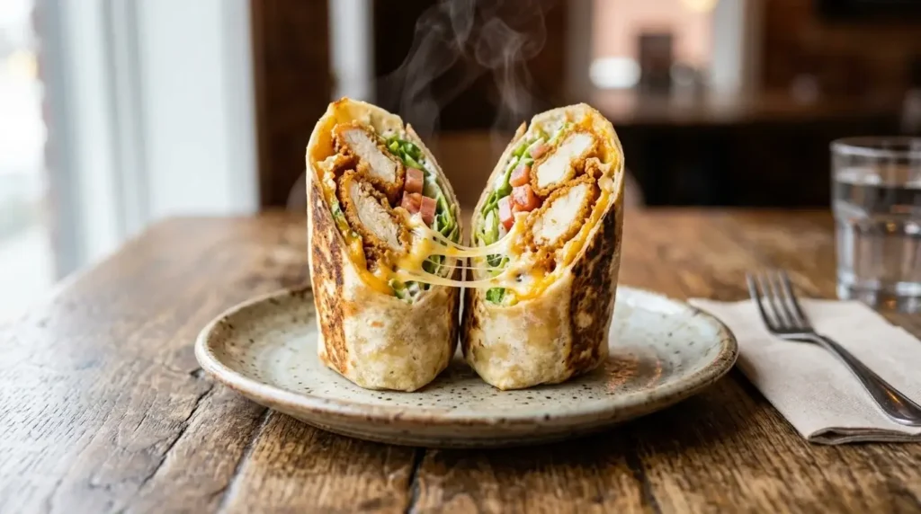Fried chicken wrap cut halves