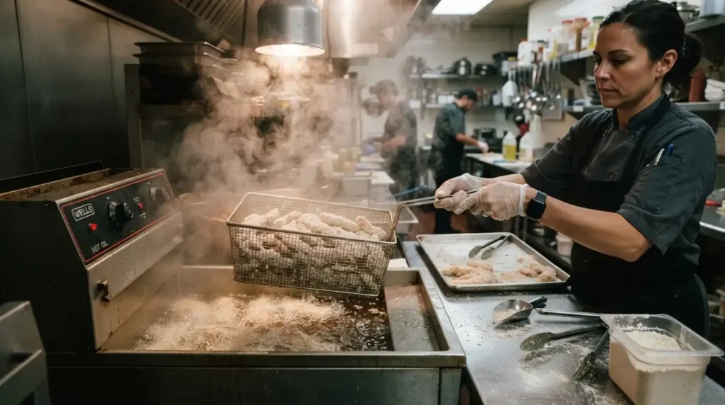 Frying hand breaded chicken tenders