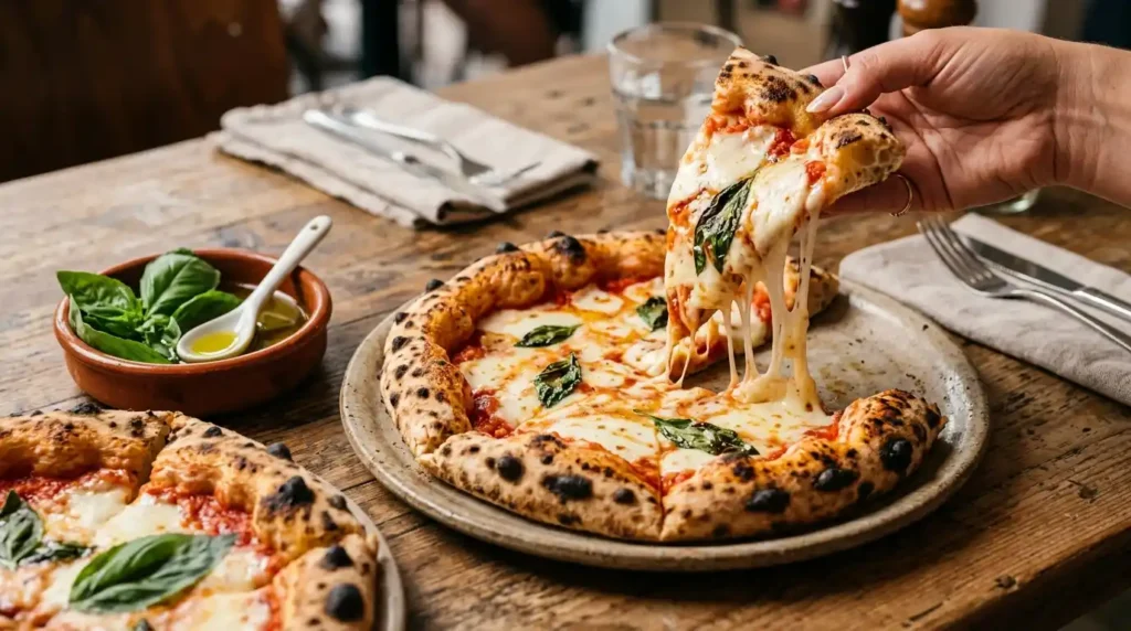 Hand pulling pizza slice