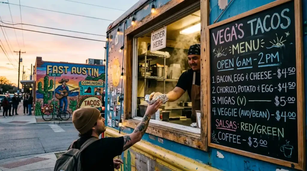 Hand receiving breakfast taco