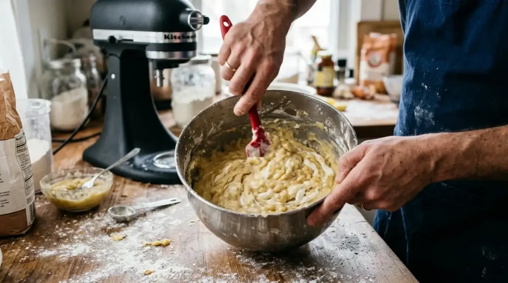 Hands folding batter in bowl