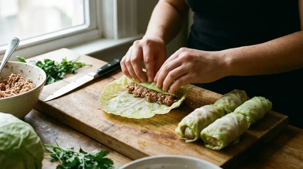 Hands rolling cabbage leaf