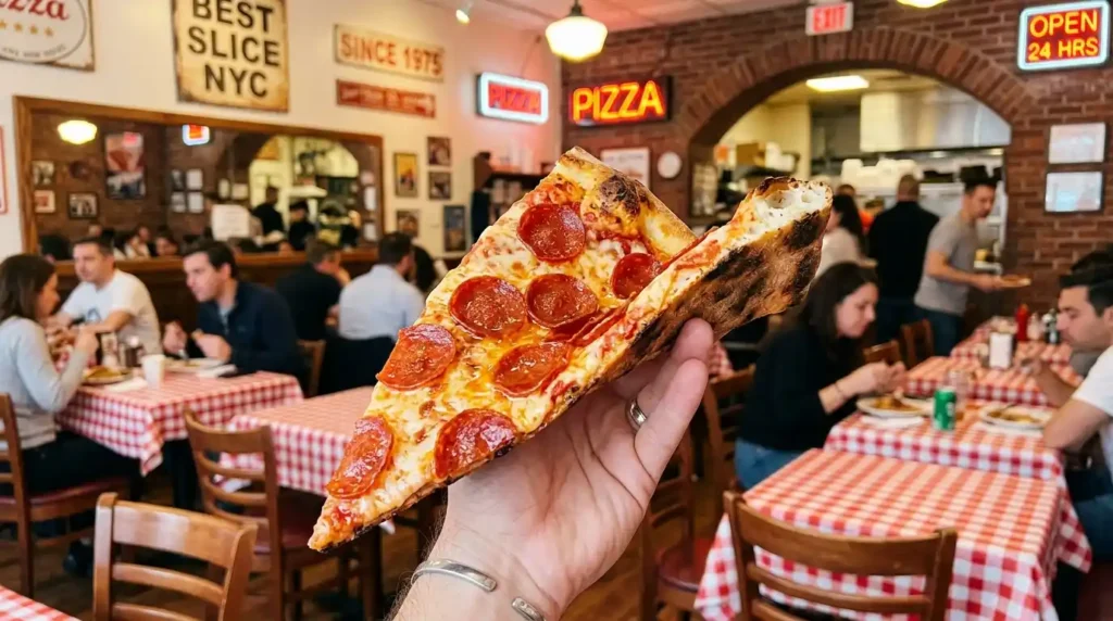 Holding New York pizza slice