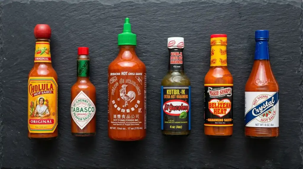Hot sauce bottle in row