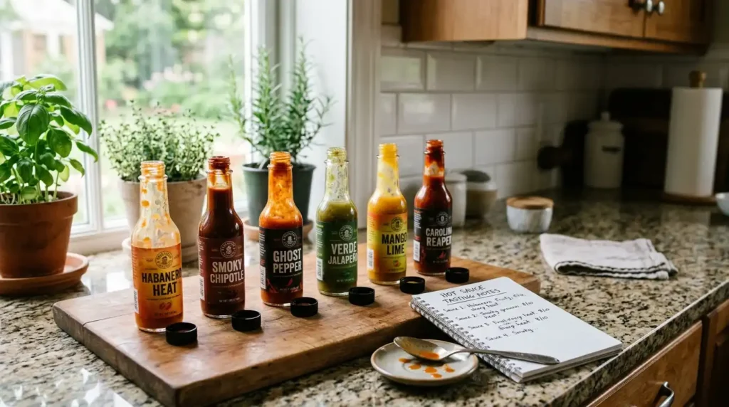 Hot sauce bottles on counter