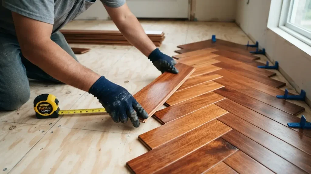 Installing cherry planks in herringbone