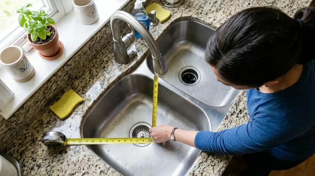 Person measuring kitchen sink