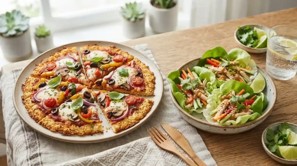 Pizza and chicken lettuce wraps