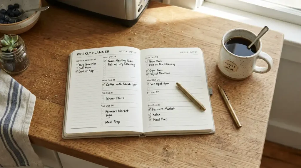 Planner and coffee on counter