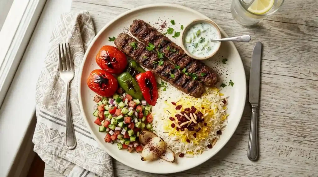 Plate with beef koobideh meal