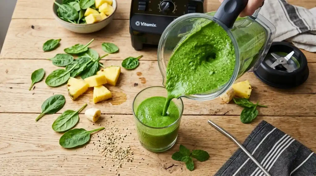 Pouring green smoothie into glass