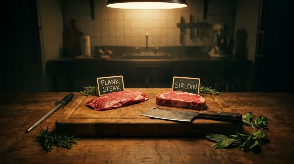 Raw steaks on cutting board