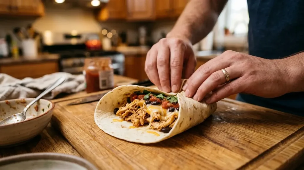 Rolling chicken and cheese burrito