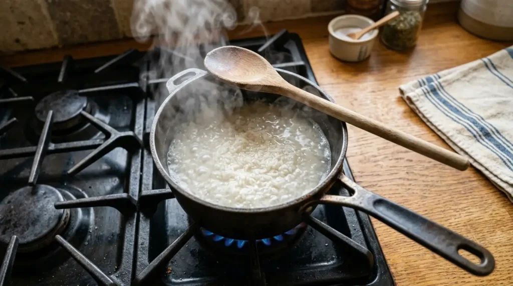 Saucepan of rice simmering