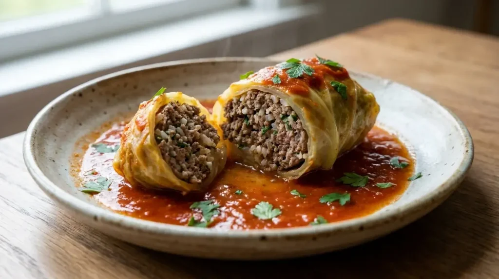 Sliced cabbage roll on plate