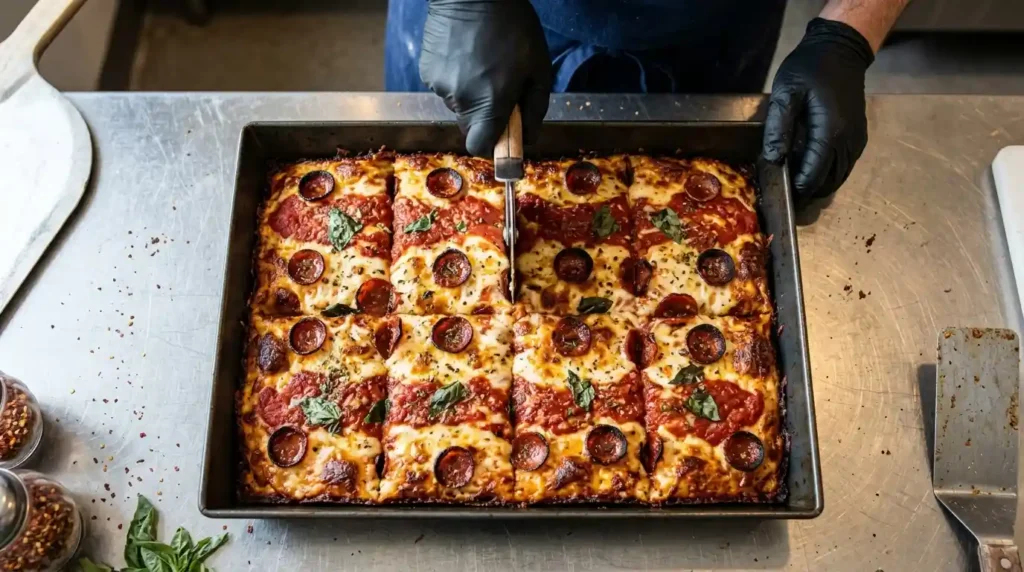 Slicing Detroit style pizza