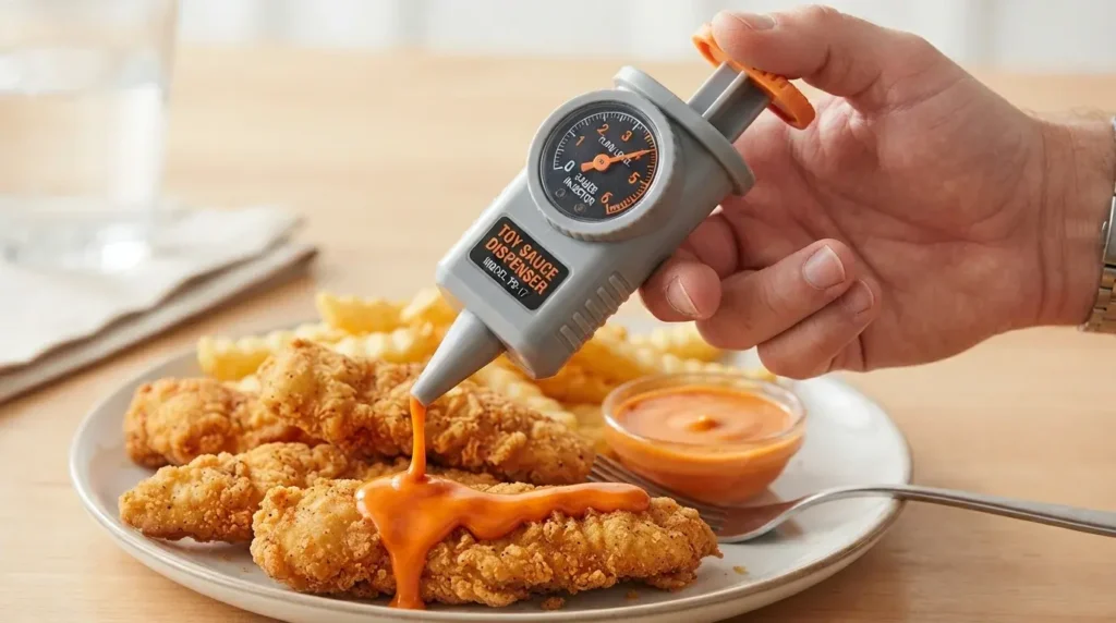 Squeezing sauce from toy syringe