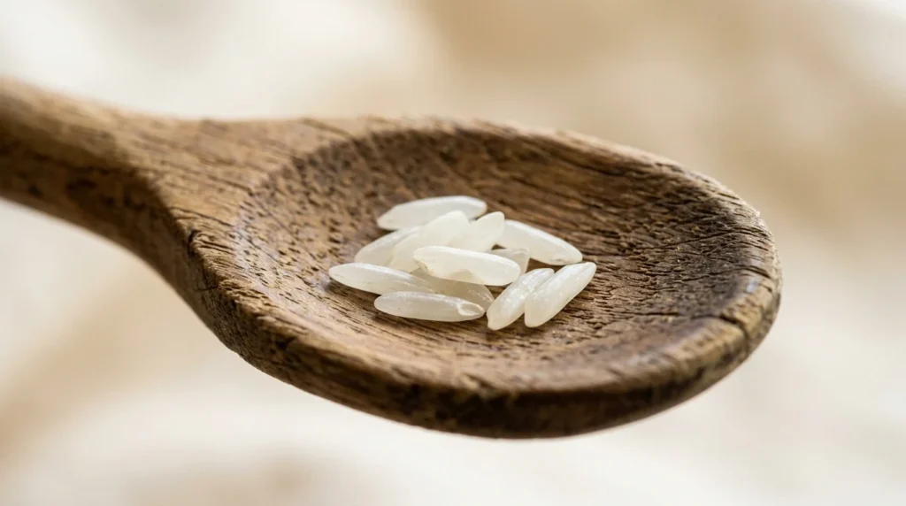 White rice on wooden spoon