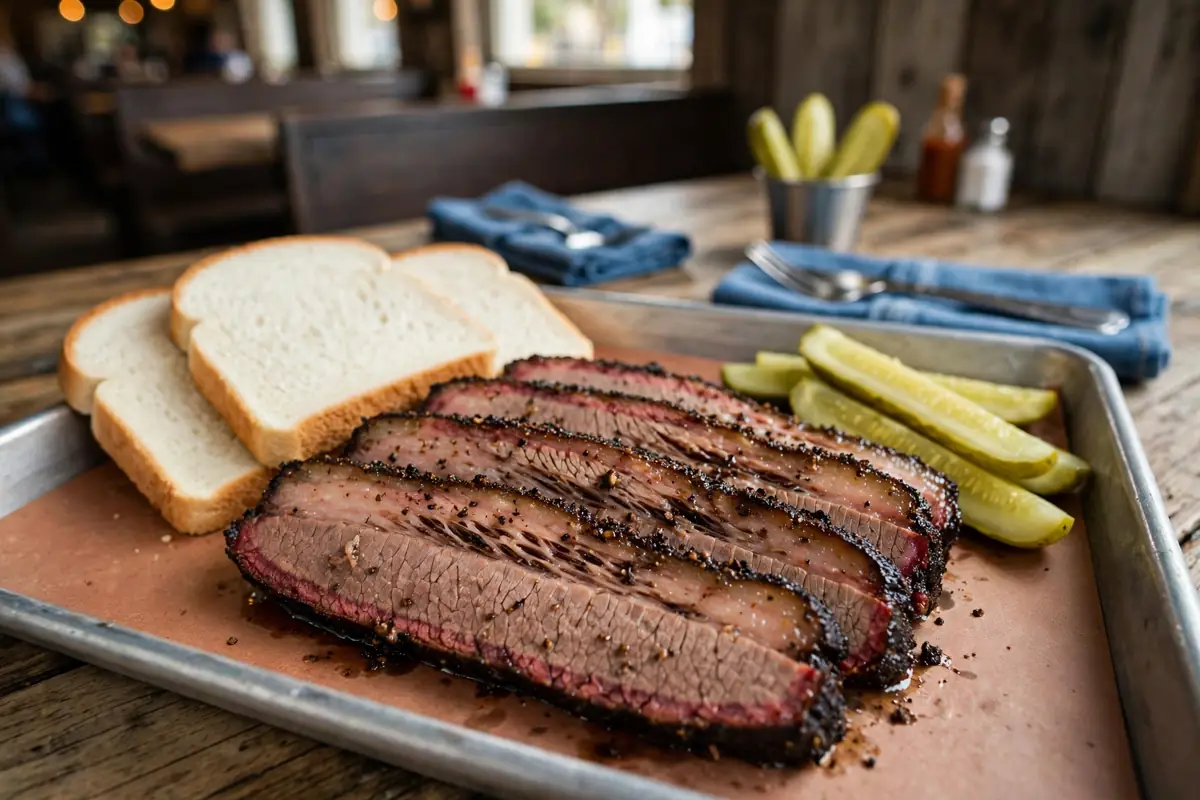 Sliced smoked barbecue brisket served at a Charleston SC barbecue restaurant.