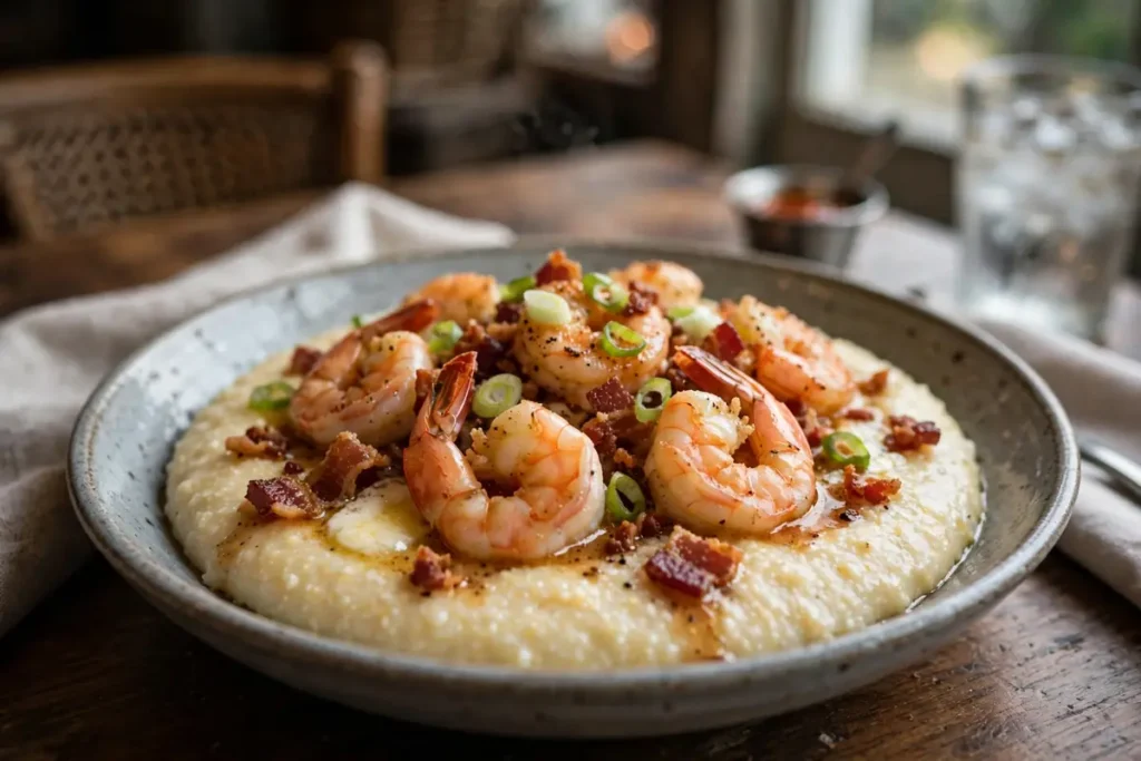 Shrimp and grits, a classic Lowcountry dish served in Charleston SC restaurants.