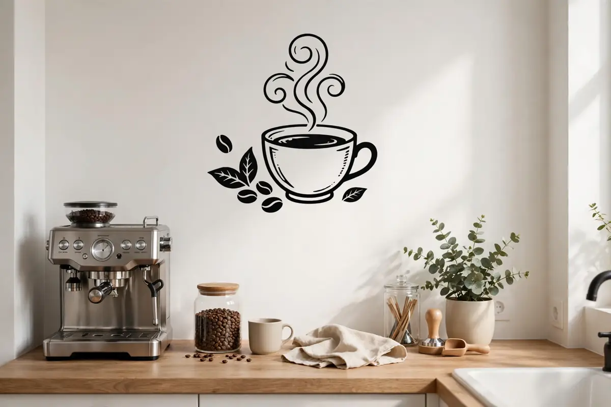 Kitchen wall decal above a coffee station in a bright kitchen