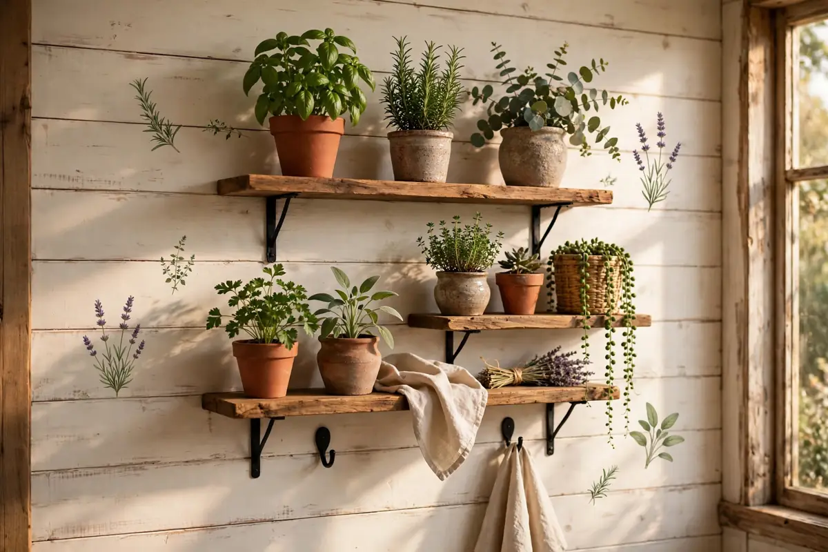 Botanical herb wall decals in a farmhouse kitchen