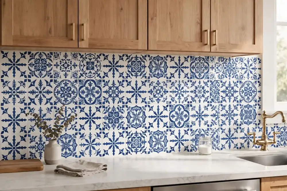 Peel and stick patterned tile decals on a kitchen backsplash